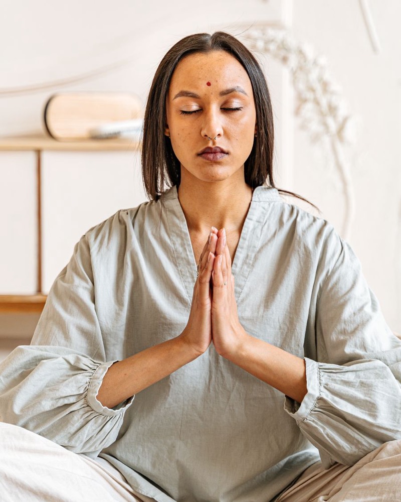 Calm woman breathing - the shift